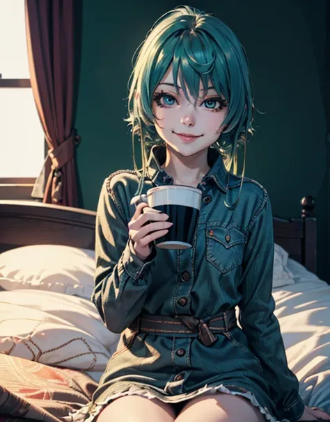 ((4k,8k,Ultra HD)),((Masterpiece:1.2)),((Best Quality:1.2)),((Details:1.5)),((Detailed Background:1.5)),Minato Aqua,Solo,Cute girl's room,Sitting on bed,Bust up shot,Drinking coffee,Having fun,Smiling,Listening to music,Relaxed pose,Low light,