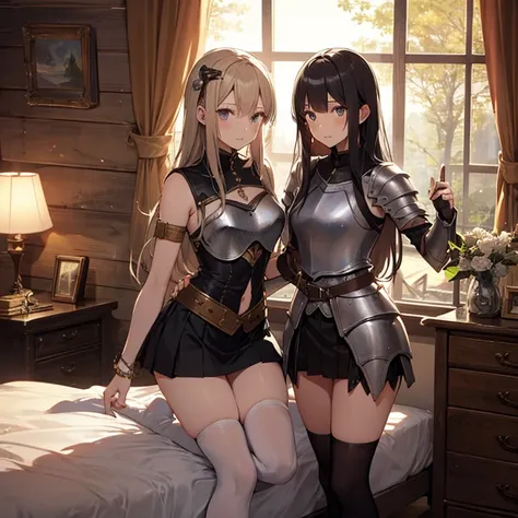 A group of  female medieval fantasy adventurers, (in bedroom), various hair styles, harem, wooden logs wall, details face, short skirt, seducing, sleeveless, armor, on bed