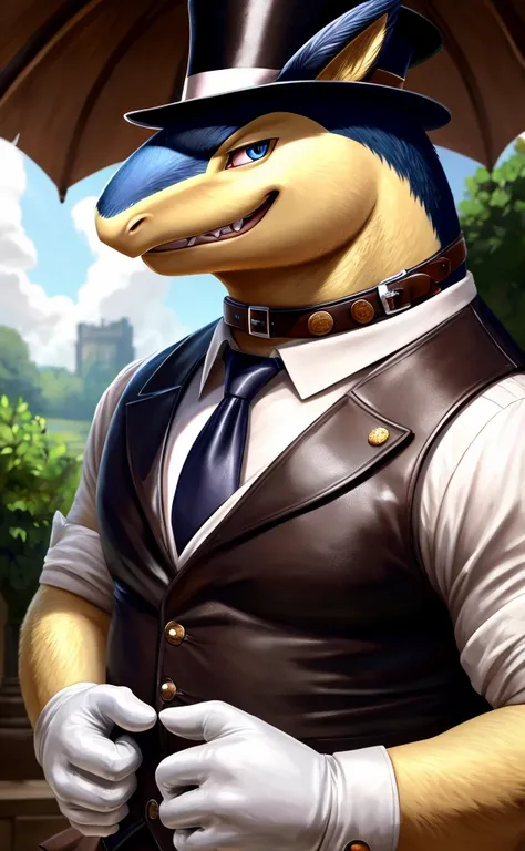 Solo, Male, close up, fat, musclegut, obese, steampunk, 1920s gentleman, dapper Typhlosion, tilting head down, blue eyes, wearing a big leather collar around his neck, (soft shading), 4k, hi res, ((detailed face, detailed)), looking at viewer, evil grin, c...