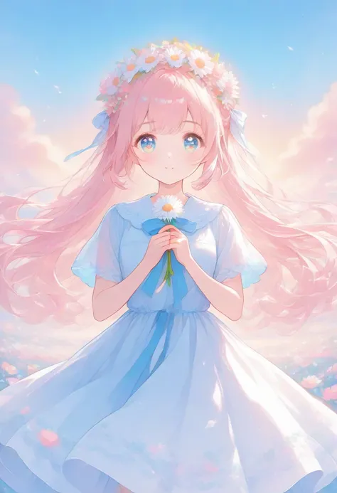 An anime girl with long, flowing pastel pink hair and big, sparkling blue eyes. She has a cute, soft expression and wears a light, flowy white dress with lace details. Her hair is adorned with a small flower crown made of white daisies. The background is a...