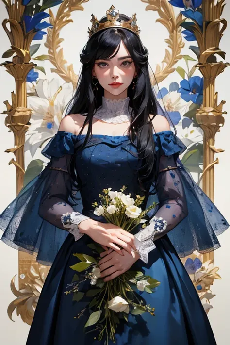 ( masterpiece,  High quality vaccines), 1 ,  alone, (queen:1.15),   black hair ,   long hair,  cortina , blue floral dress, queen&#39;s Dress , aurora, (sunlight, null, Rio,  forest),  inexpressive,  red eyes, ( Art Nouveau :1.2), Alphonse Mucha, tiara, ( ...