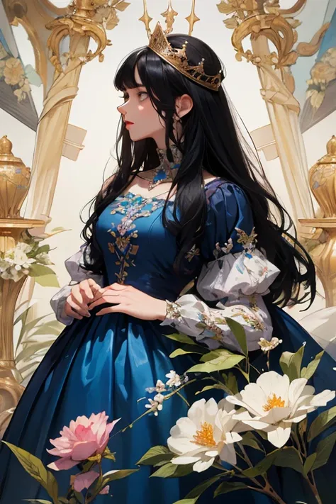 ( masterpiece,  High quality vaccines), 1 ,  alone, (queen:1.15),   black hair ,   long hair,  cortina , blue floral dress, queen&#39;s Dress , aurora, (sunlight, null, Rio,  forest),  inexpressive,  red eyes, ( Art Nouveau :1.2), Alphonse Mucha, tiara, ( ...