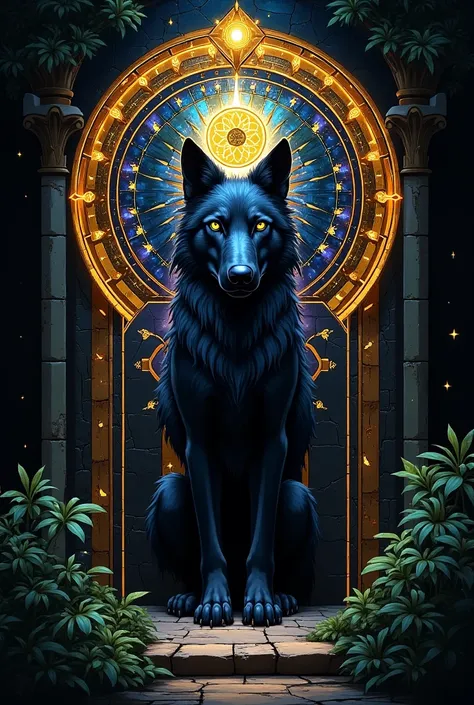 a Tarot card representing a stained glass window, that of a black wolf.