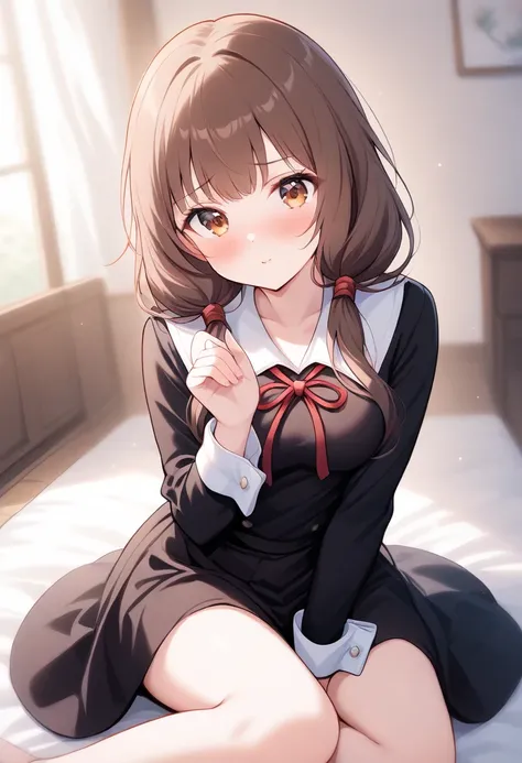 masterpiece, best quality, newest, 1girl, solo, iino miko, brown eyes, brown hair, low twintails, hair over shoulders, shuuchiin academy school uniform, yokozuwari, blush, posing, sexy, Pachu illustration Style