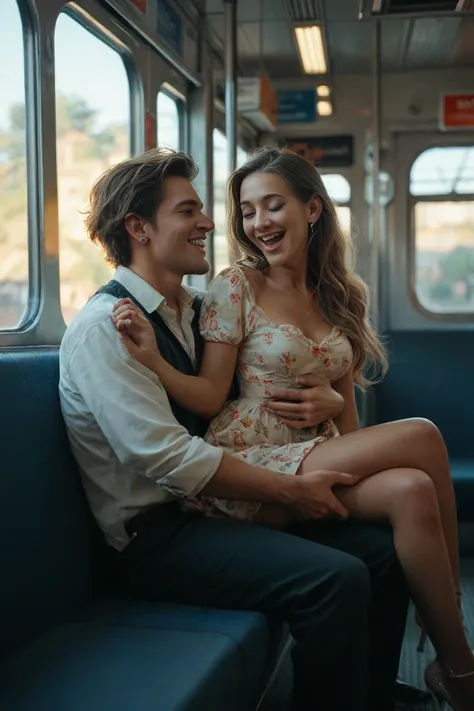 two woman, on a train, woman sitting in lap, laughing, flirty 