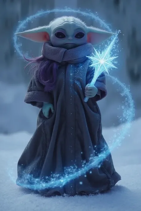 Create illustration of a girl baby Yoda with long dark purple hair and the black sparkly gown owning the power of ice and mythical magical ice  scepter