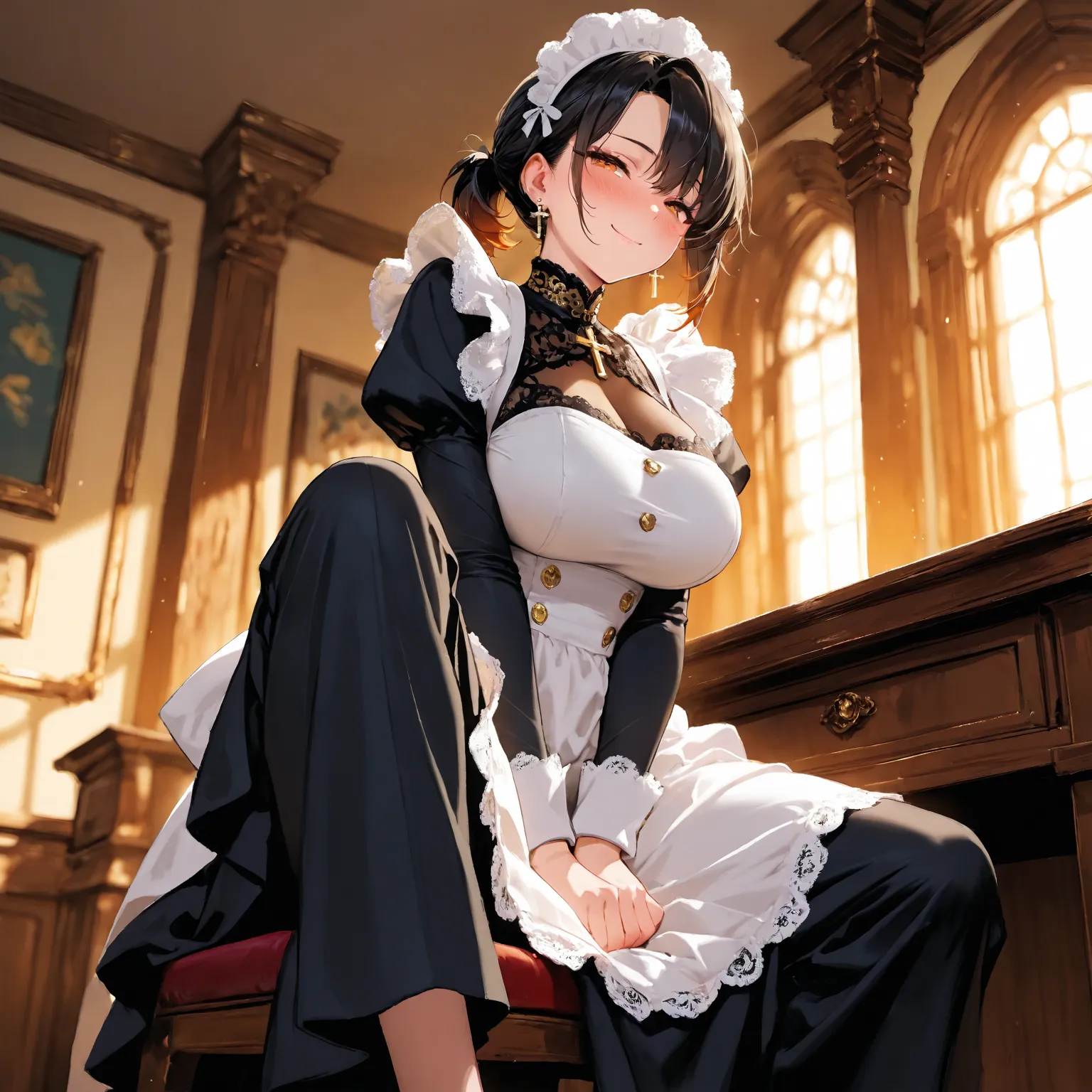 from below, cowboy shot, knee up, sole, hands between legs, very cute face, maid costume, pretty girl, alone, short hair, ponytail hair, black hair with brown tips, orange eyes, big breasts, cross piercing earrings, blushing, flawless soft skin, looking at...