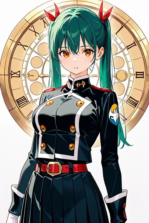 BEST QUALITY, ULTRA DETAILED, PERFECT ANATOMY, HIGH DEFINITION, INTRIGUING DETAILS, ALONE, 1 girl, amber eyes, long hair, blue-green hair, double ponytail, medium breasts, she wears an Anti-Demon Corps uniform, which consists of a black unit with red detai...