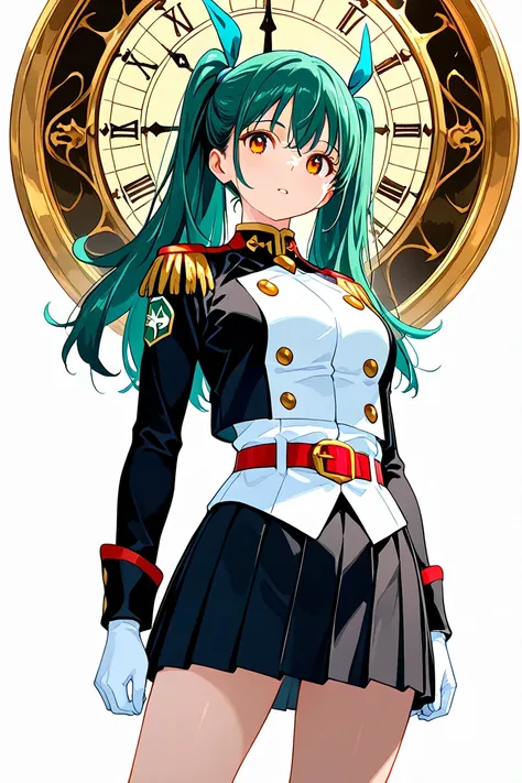 BEST QUALITY, ULTRA DETAILED, PERFECT ANATOMY, HIGH DEFINITION, INTRIGUING DETAILS, ALONE, 1 girl, amber eyes, long hair, blue-green hair, double ponytail, medium breasts, she wears an Anti-Demon Corps uniform, which consists of a black unit with red detai...