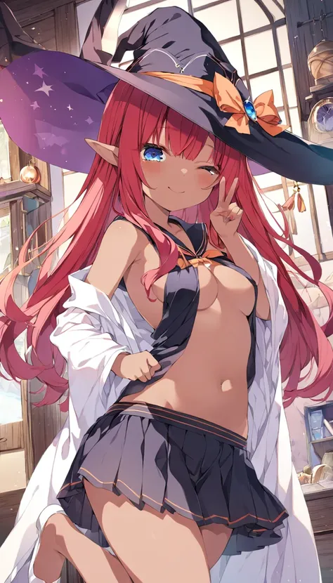 （best quality), elementary school student, a witch girl , elf, solo, sexy, (cute), beautiful detailed Witch's robe, mini skirt, Witch's hat , black and red gradation Hair, long hairstyle, beautiful accessories, (dark skin :1.4),  {cool eyes, sapphire: 1.4,...