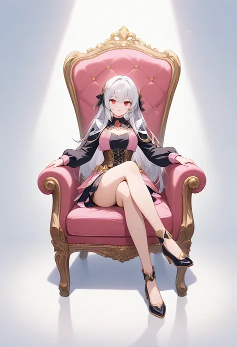 The image features an animated character with long silver hair and red eyes, wearing a brown corset with gold accents over a pink garment. She is seated on what appears to be a white throne or chair, with one leg crossed over the other. Her pose is relaxed...