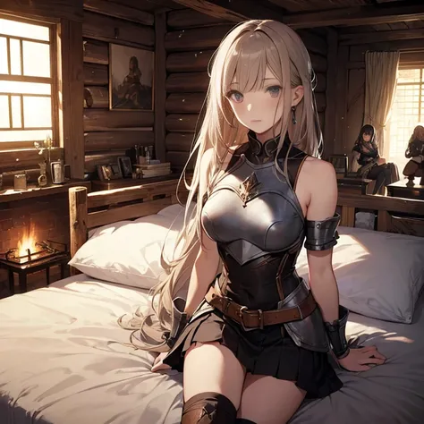 A group of  female medieval fantasy adventurers, (in bedroom), various hair styles, harem, wooden logs wall, details face, short skirt, seducing, sleeveless, armor, on bed