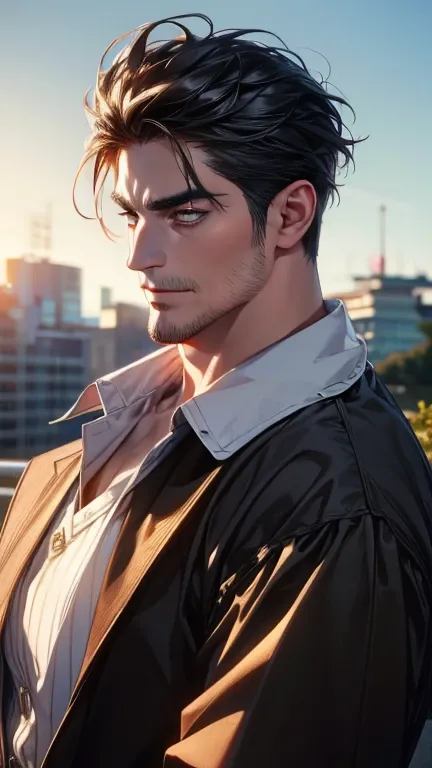 (    borrowed letter ,4K,8k,    highres,    masterpiece :1.2),    ultra-detailed   ,(realistic,photorealistic,photo-realistic:1.37),36-year-old man,3 day beard,Beautiful anime,Portraits,strong,Masculine,     with black hair  ,sharp jaw,       mesmerizing e...