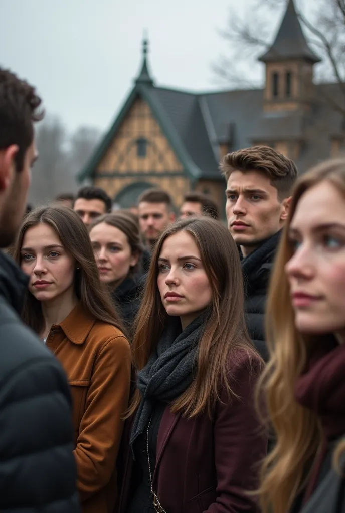  A group of many young Ukrainian men gathered with women in front of a luxurious Ukrainian village focus on the characters' faces and the actual setting of the image .