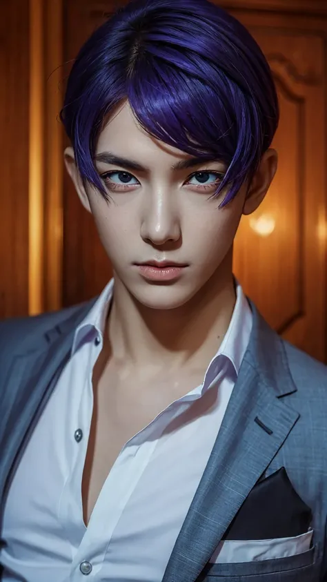  Masterpiece,  highest quality, photo by Nomi,  1 boy, Alone,  men focus,  and stare at the viewer, cowboyshot,suit,  by Nomi, mouth_Gassan,  purple hair,  black sclera,  red eyes ,iris,black eyeball,Mansion