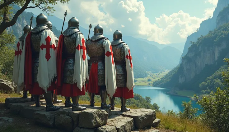 a group of templar knights with a beautiful background