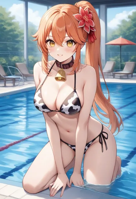 cow_print,bikini,pool,day,1girl,female_solo,,long hair,yellow eyes,between eyes,ponytail,orange hair,guinaifen