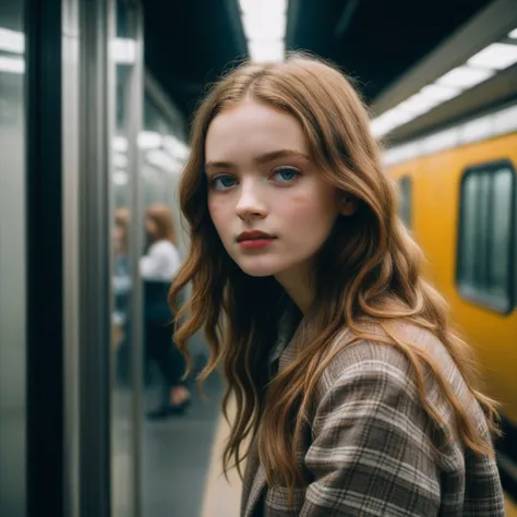 close-up headshot of ((ohwx woman)), ,a girl standing alone, corridor, unlit transit station,  dark night, film grain, depth of field, analog film style, vivid color, 1girl,  upper body,
(looking at  the viewer:1.2),
long hair, blond,   plaid skirt, fog, (...