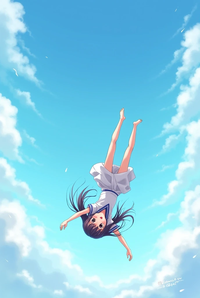 An anime girl falling from the sky upside down 