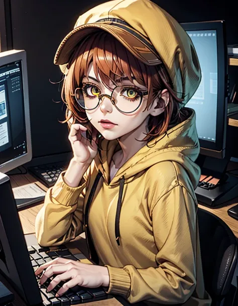 entity: 1 girl, youh  straight,
hair: short hair, dark orange hair
eyes: narrow eyes, eye glasses 
head accessories: hat, yellow gatsby hat
clothings: yellow hoodie
mood: calm, stoic, focus 
action: using computer, typing, hacker, hacking
background: compu...