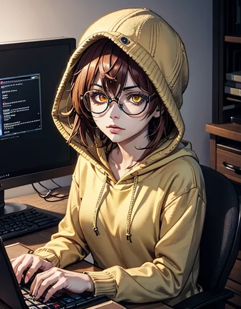 entity: 1 girl, youh  straight,
hair: short hair, dark orange hair
eyes: narrow eyes, eye glasses 
head accessories: hat, yellow gatsby hat
clothings: yellow hoodie
mood: calm, stoic, focus 
action: using computer, typing, hacker, hacking
background: compu...