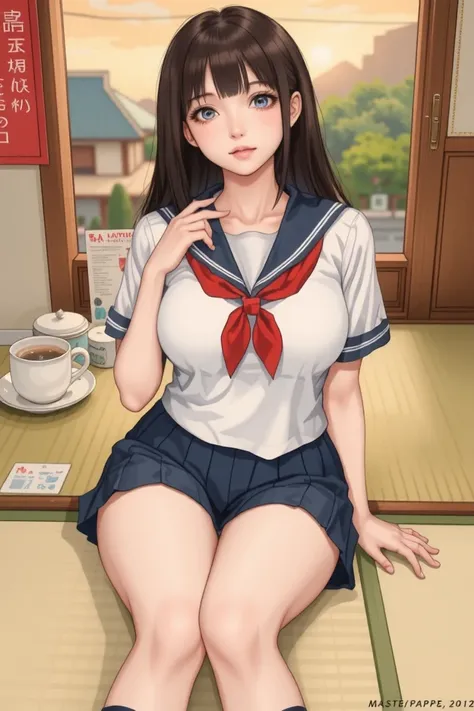 ((  TOP QUALITY )), ((  Masterpiece)), (  Details), One girl is the best ,  sexy、  sailor suit  、  Big chest with eyes of a cross  、 new year 、  black hair、 (( miniskirt))、  beautiful girl、  Red Ribbon 、  I Can See My Cleavage 、ネイビーの  sailor suit  、  black...