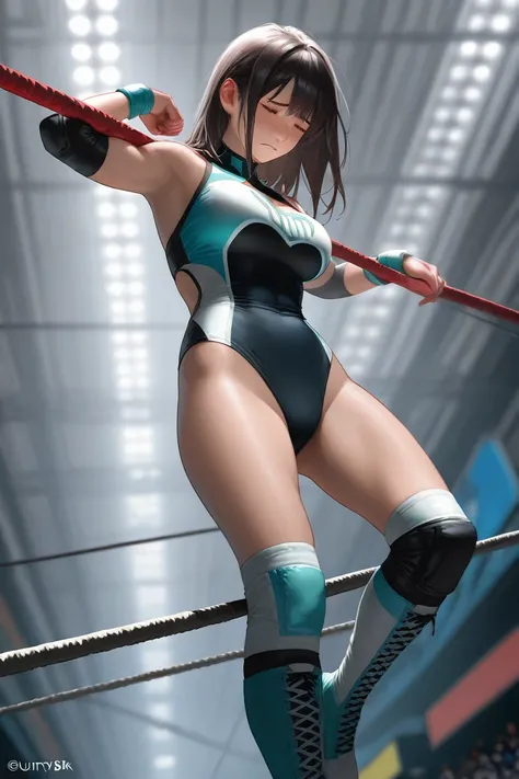 A female professional wrestler is crossing the crotch tightrope,sad,((((masterpiece)))), (( unity 8k wallpaper, photorealistic , (( detailed face )), ((nsfw)),