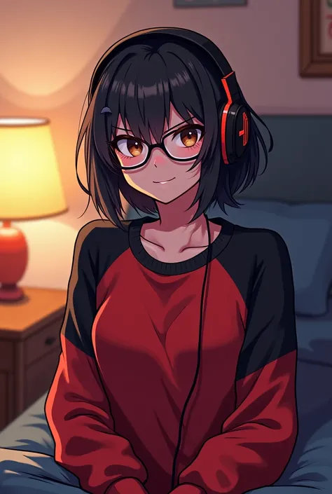  Female character ,  wearing glasses, king, usando headset gamer, cartoon,  dark brown eyes,  In her room, wearing a red and black sweatshirt, uncrowned