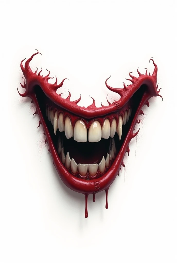 I want the drawing of an evil and demonic smile,  from ear to ear , with a white background. Occupying most of the screen, street art style..  only.  No face or being, Just the smile 