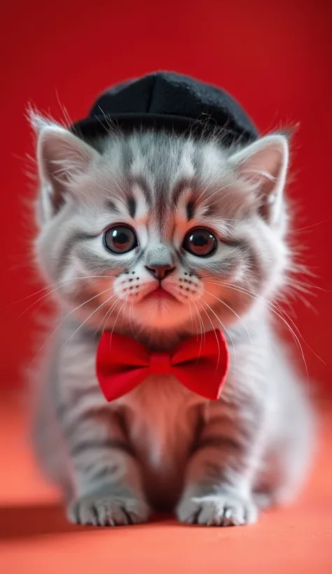 An adorable, fluffy baby kitten with soft, light gray fur. The kitten is round and chubby, making it look extra cute and cuddly. It is wearing a stylish red bow tie around its neck and a small black hat on its head, giving it a charming and dapper appearan...