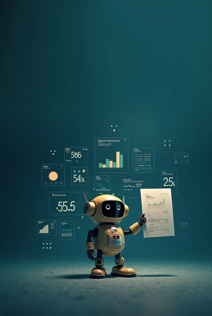 a poster with a small robot pointing upwards, with a wide dark petroleum-blue background with small transparencies of statistical images around that you can hardly see