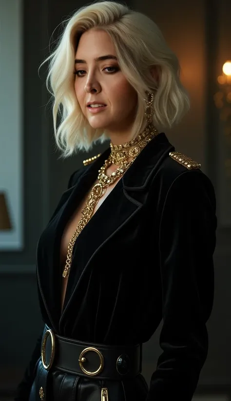 A luxurious, mysterious blonde woman with a dark, elegant aura. She has platinum blonde hair styled in an asymmetrical bob, wearing bold 1980s-inspired fashion mixed with modern luxury. She dons a black velvet blazer with gold shoulder pads, sleek high-wai...