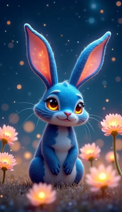 "A magical creature resembling a rabbit but with long, drooping ears that glow like stars. Its fur is deep blue with tiny luminous specks that resemble galaxies. Its eyes are golden and filled with wisdom. Small cosmic dust particles float gently around it...