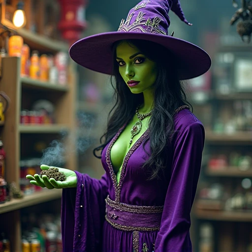 woman green skin, purple ouTfiT, voodo haT, shop is open hand wearing weed buds pokeT joinT smoking
