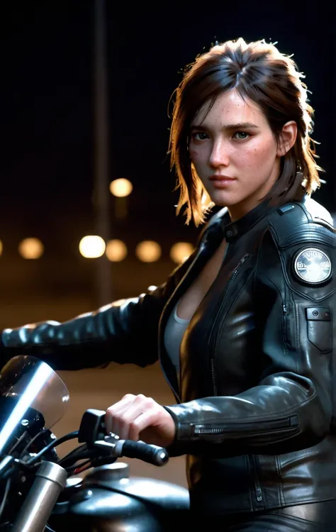 photo of ohxw, ellie, woman,portrait ,medium length hair, face details, low key lighting. Sexy face. Sly smile. Hand stroking her hair. Sexy pose. On a bike. Motorcycle black gear. At night