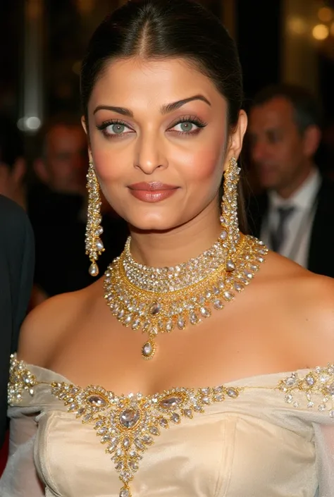 aishwarya rai (Realistic) (real mature face) 40 Years  portrait of a mature woman, Close-up portrait of a young, light-skinned woman, likely in her 40.  She displays a soft, neutral expression, appearing attentive and pleasant.  Her light-gray/blue eyes ho...