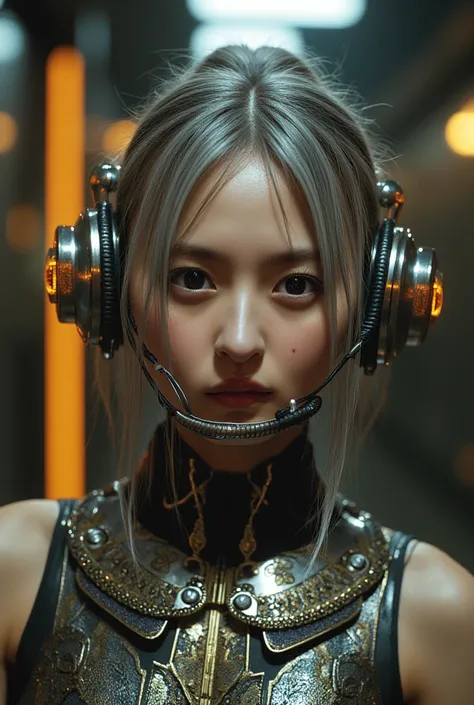 Image of Cyberpunk Girl, Of the highest quality, masterpiece, Ultra High Resolution, ((Photorealistic: 1.4), Raw photo, One Cyberpunk Girl, Glossy skin, One Mechanical Girl, (super realistic details)), Mechanical head, Mechanical body with metal armor, Lux...