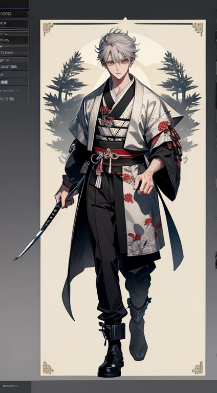  masterpiece,   borrowed letter ,  High quality vaccines,  extremely detailed, 1 boy,  gray hair dress,  gray eyes ,  forest, samurai, clothes with cute elements , Reference,  Anime Boy,   digital drawing  , Arte digital de  High quality vaccines, xogum