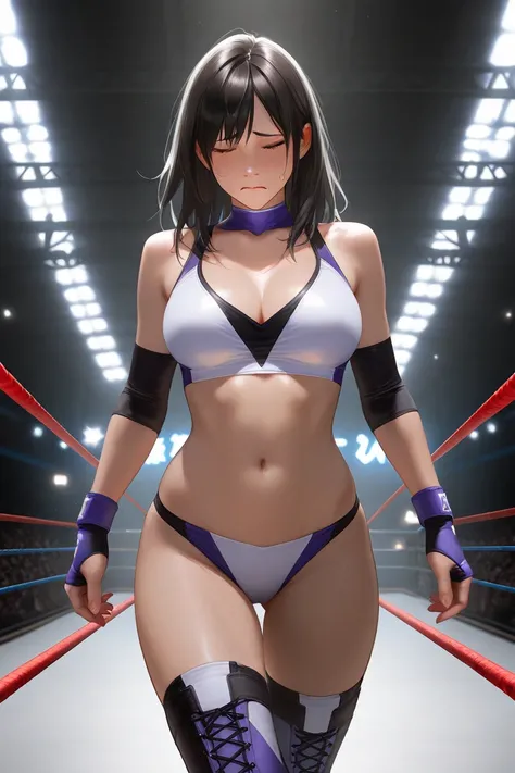 A female professional wrestler is crossing the crotch tightrope,sad,((((masterpiece)))), (( unity 8k wallpaper, photorealistic , (( detailed face )), ((nsfw)),