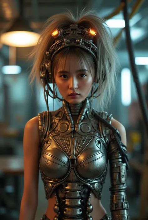 Image of Cyberpunk Girl, Of the highest quality, masterpiece, Ultra High Resolution, ((Photorealistic: 1.4), Raw photo, One Cyberpunk Girl, Glossy skin, One Mechanical Girl, (super realistic details)), Mechanical head, Mechanical body with metal armor, Lux...