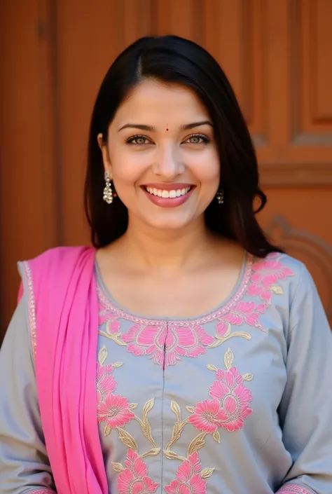 Woman (ethnicity:Asian, age:30-40, detailed clothing:1.2, accessories:1.1, facial features:1.3, expression:happy, body type:curvy, pose:standing), smiling, wearing a light gray top with pink floral embroidery design on the front, a pink dupatta (over-drape...