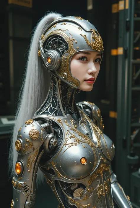 Image of Cyberpunk Girl, Of the highest quality, masterpiece, Ultra High Resolution, ((Photorealistic: 1.4), Raw photo, One Cyberpunk Girl, Glossy skin, One Mechanical Girl, (super realistic details)), Mechanical head, Mechanical body with metal armor, Lux...