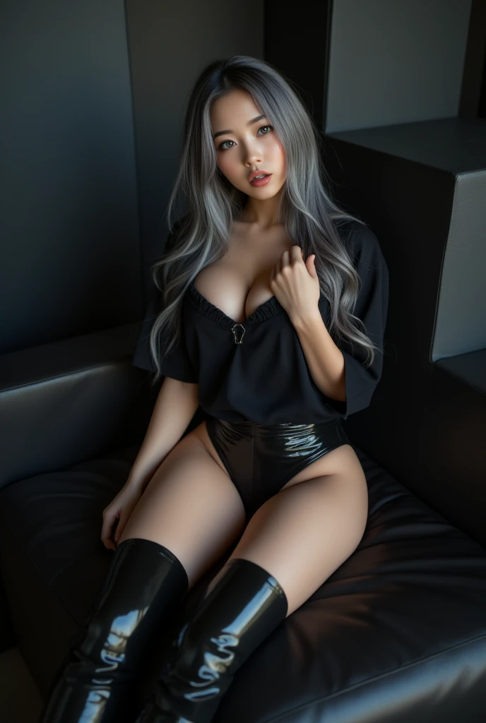 A captivating fashion-forward piece showcasing a 20-year-old cute Japanese model with an hourglass figure, a very slender waist, and a tiny head adorned with gray long hair and large blue eyes. She wears an erotic expression with her mouth open, sitting cr...