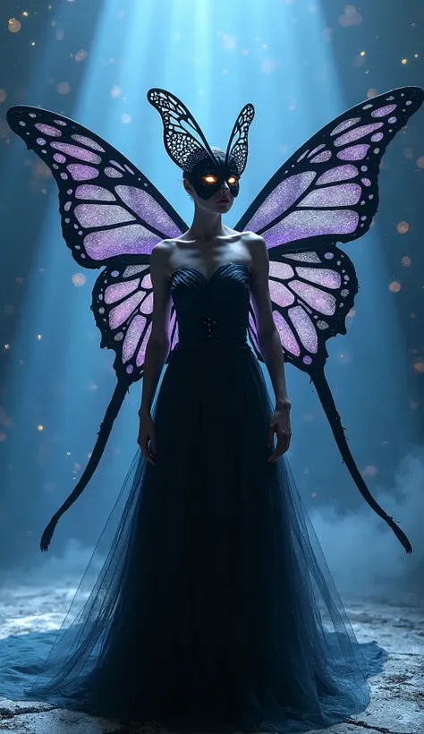 Create a surreal and enchanting scene featuring a mystical hybrid creature that blends the elegance of a woman with the dark, ethereal beauty of a black butterfly. The figure retains a graceful human form, adorned in an elaborate gown that seamlessly trans...