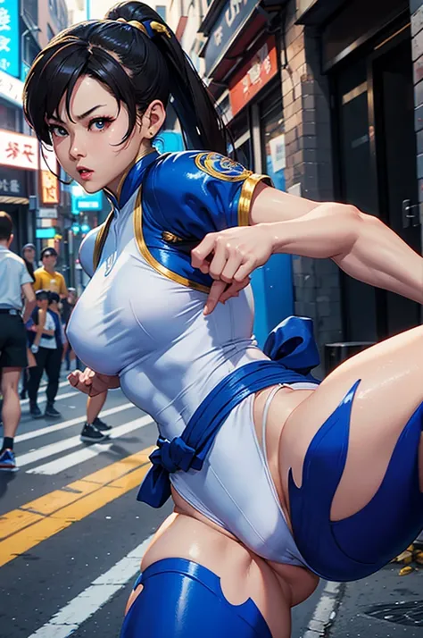 chun li, street fighter, on the city street, dynamic pose, highly detailed, deep focused image, realistic full-lenght photo