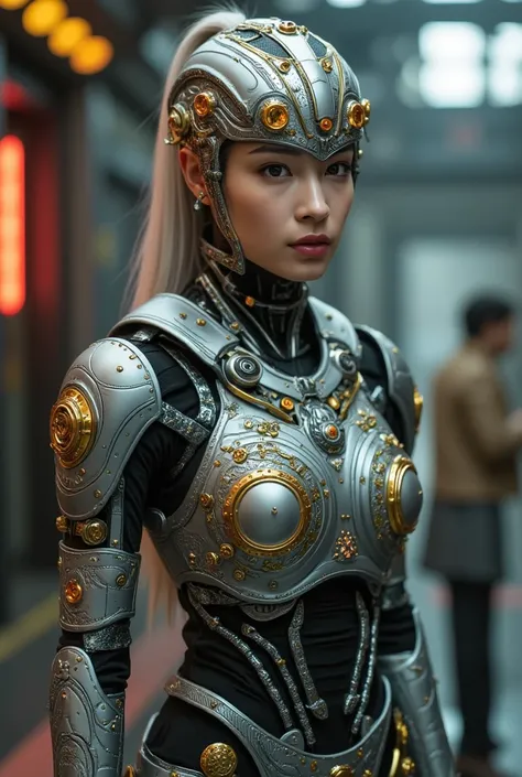 Image of Cyberpunk Girl, Of the highest quality, masterpiece, Ultra High Resolution, ((Photorealistic: 1.4), Raw photo, One Cyberpunk Girl, Glossy skin, One Mechanical Girl, (super realistic details)), Mechanical head, Mechanical body with metal armor, Lux...