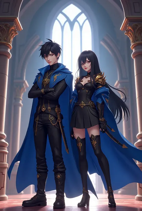 make a handsome isekai warrior and beautiful isekai warrior woman in black and blue outfit standing in the castle in roblox style, looking at viewers in the front