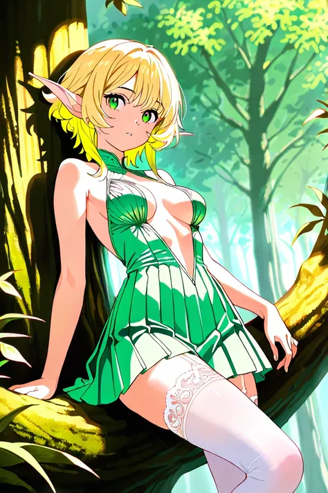 PERFECT ANATOMY, ULTRA DETAILED, INTRICATE DETAILS, HIGH DEFINITION, BEST QUALITY, ALONE, 1girl, , blonde, green eyes, point ears, short layered hair, slender, medium breasts, sexy outfit, pleated dress with front opening, bare shoulders, light green dress...