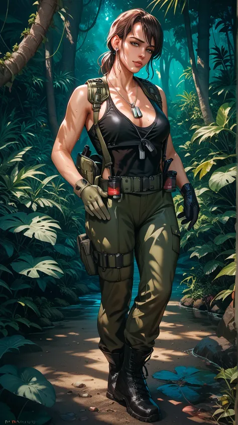   sexy Quiet , UHD,  dark brown hair, dog tags, in a jungle,  at night,  on a riverbank, wearing a tactical suit, open neckline , with leather gloves ,  military boots , sweating,  sexy pose,