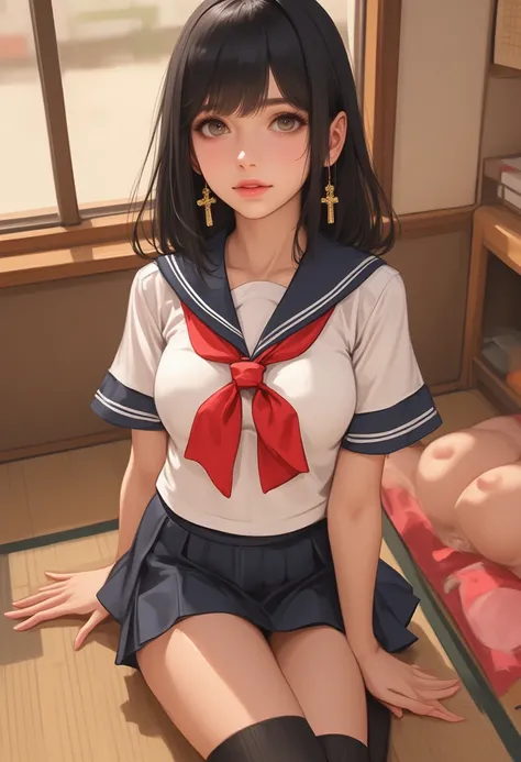 ((  TOP QUALITY )), ((  Masterpiece)), (  Details), One girl is the best ,  sexy、  sailor suit  、  Big chest with eyes of a cross  、 new year 、  black hair、 (( miniskirt))、  beautiful girl、  Red Ribbon 、  I Can See My Cleavage 、ネイビーの  sailor suit  、  black...